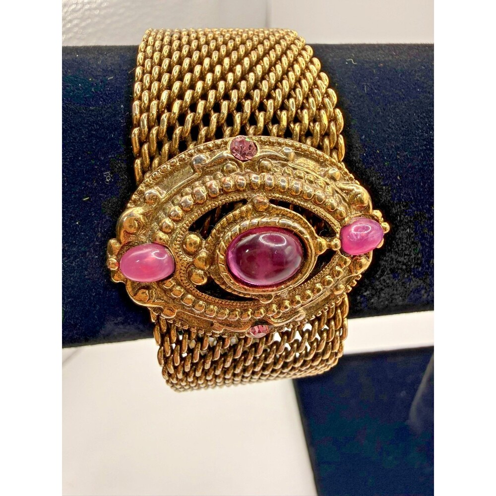 Vintage Victorian Revival Purple Pink Cabochon Gold Tone Mesh Bracelet 7.75"